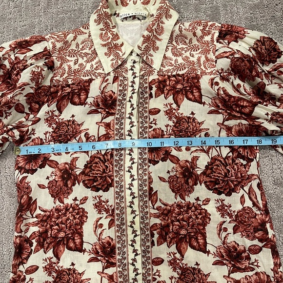 Alice + Olivia Triffie Drama Sleeve Blouse, Red/Rose Floral, Button Down, XS - Picture 10 of 16